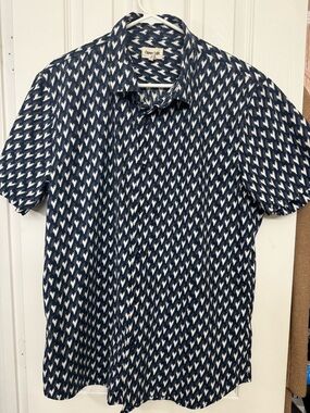 Open End Navy & White Short Sleeve Button-Down Shirt for Kids